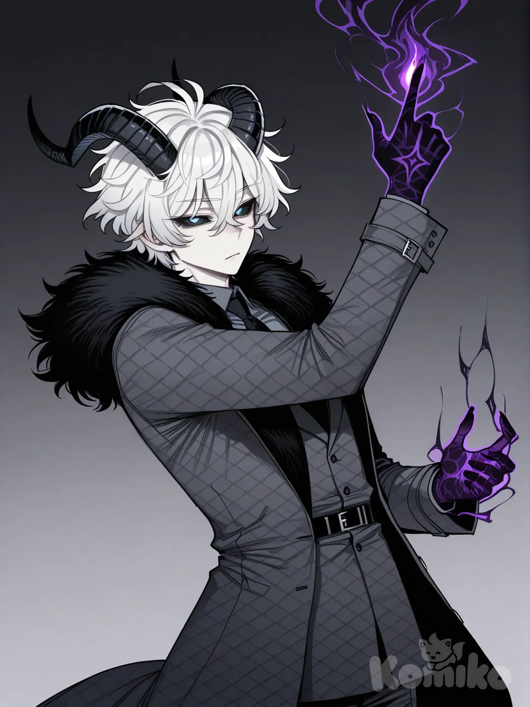 ((ratatatat74)), homem com cabelo branco curto volumoso e desgrenhado, esclera preta com íris branca, pele branca e dois chifres curvados negros que se projetam de sua cabeça pra cima. Ele veste um grande casaco cinza-escuro com acabamento em pele e losangos pretos na bainha, um terno composto por camisa social cinza escuro e gravata preta, paletó. O homem está segurando e manipulando escuridão na palma das mãos