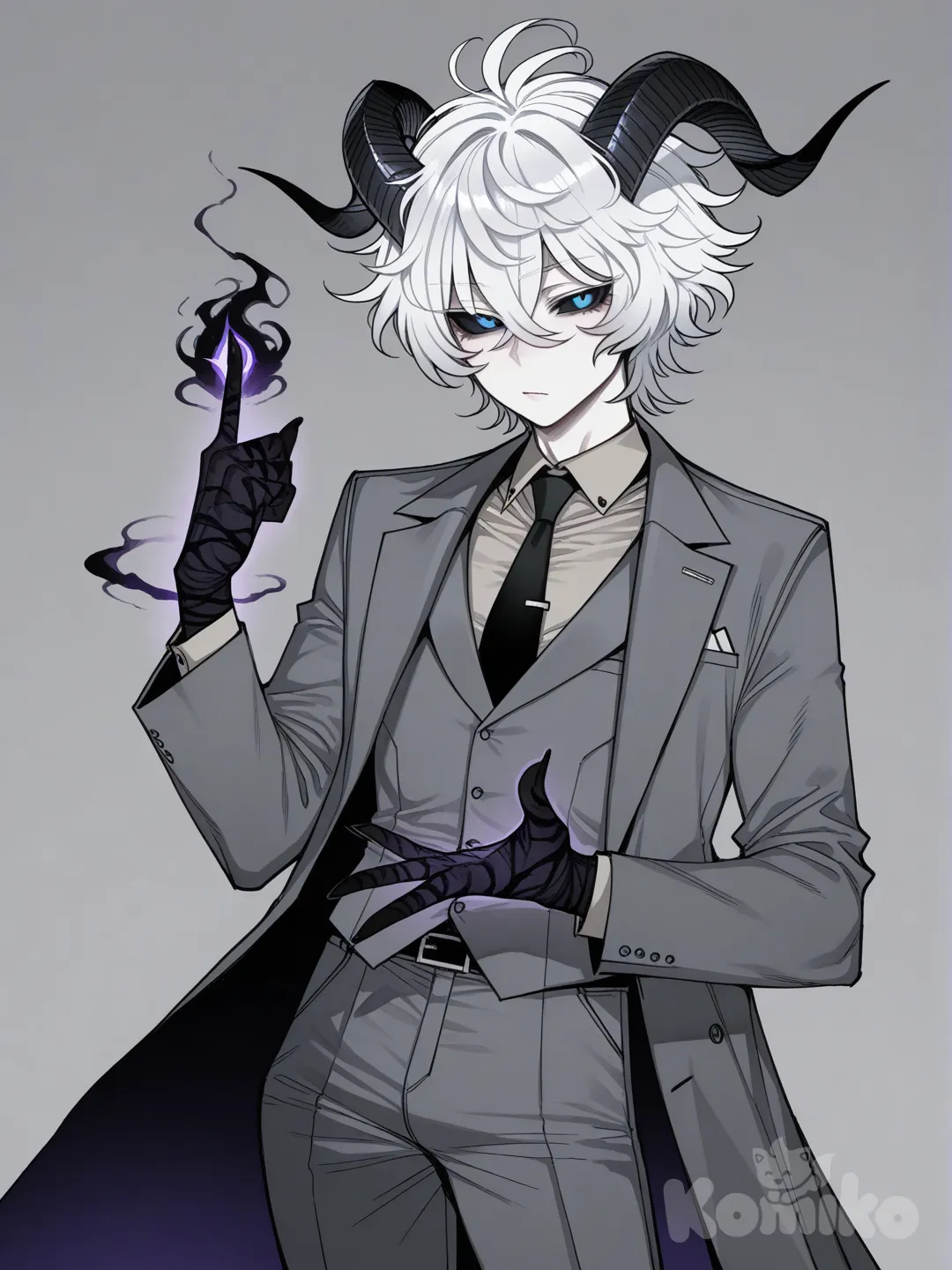 ((ratatatat74)), homem com cabelo branco curto volumoso e desgrenhado, esclera preta com íris branca, pele branca e dois chifres curvados negros que se projetam de sua cabeça pra cima. Ele veste um grande casaco cinzas-escuro com pedras pretas em formato losangos na bainha, um terno composto por camisa social cinza-escuro e gravata preta, paletó. O homem está segurando e manipulando escuridão na palma das mãos