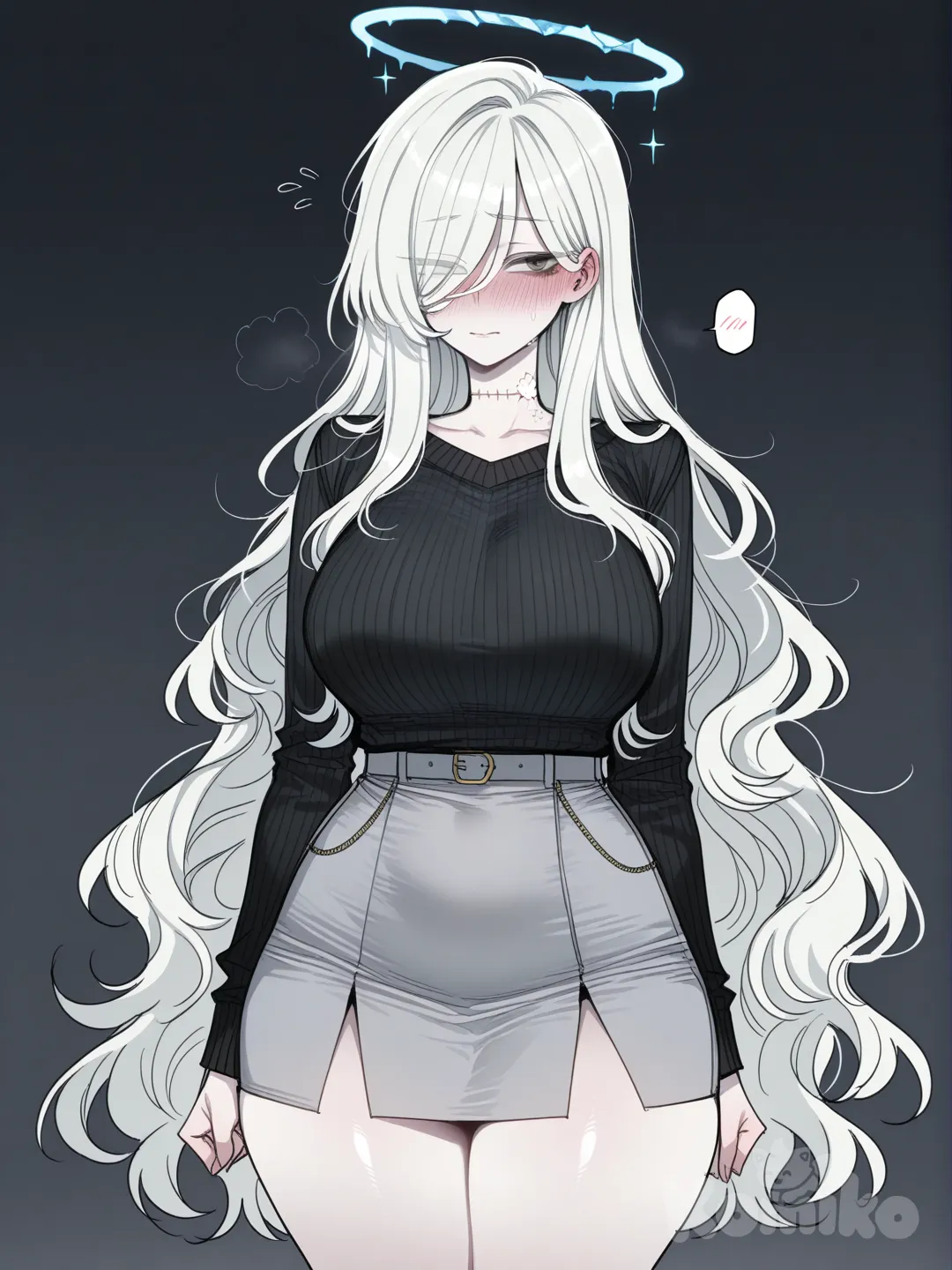 ((ratatatat74)), Uma mulher asiática com olhos cinza-escuros, corpo voluptuoso, cabelos brancos ondulados e volumosos com franja que cobre o olho direito, pele branca pálida, expressão facial muito tímida, vestindo um suéter preto e uma saia cinza, ela tem uma auréola angelical e, ainda assim, mantendo uma figura voluptuosa. e Ela tem uma tatuagem de espermatozoide no pescoço.
