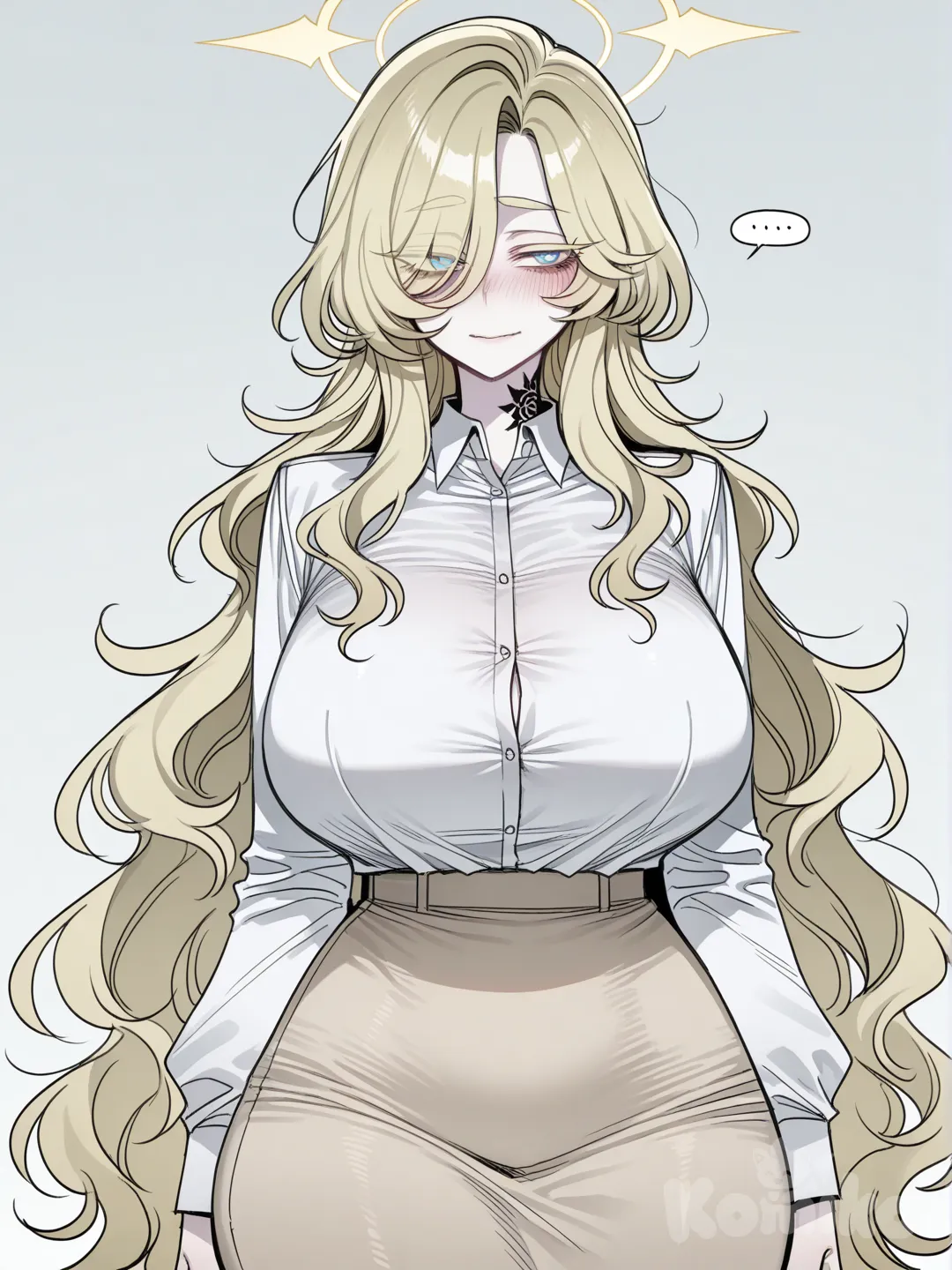 ((ratatatat74)), mulher madura de corpo muito voluptuoso, ela tem cabelos longos levemente ondulados loiros bem claros volumosos com uma franja que cobre o olho direito, ela tem olhos azuis claros, porem os silhos e as sobrancelhas são de cor loiro bem claros, ela ta usando uma blusa social chique branca de manga longa, e ela ta usando também uma saia longa elegante de cor bege, a pele da personagem é branca, ela tem uma expressão facial tímida. e tem uma auréola brilhante angélical amarelo, ela também tem uma tatuagem em forma de luz na coxa e no pescoço.