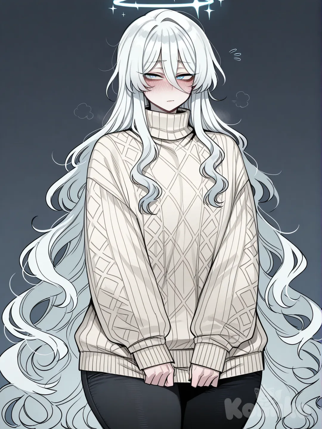 ((ratatatat74)), homem maduro femboy, ele tem corpo voluptuoso, cabelos brancos longos e volumosos ondulados com franja, a franja dele tem mechas muito longas, ele tem olhos azuis claros, e ele veste um sueter chique branco folgado e largo de manga cumprida, o sueter tem losangos brancos que o enfeitam, ele também usa calças pretas, ele também tem uma aoreola angélical branca, e ele tem uma expressão facial tímida.