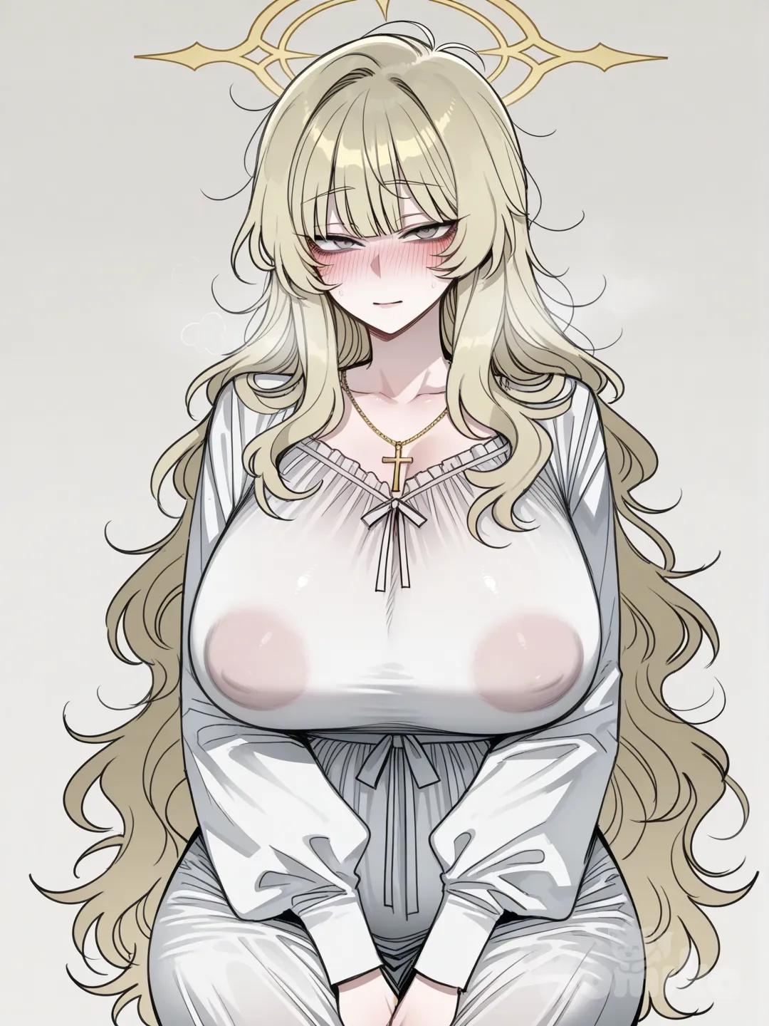 ((ratatatat74)), milf madura, corpo maduro muito voluptuoso, ela tem cabelos despenteados loiros claros ondulados e muito volumosos em cima com franja cimetrica, os olhos dela são cinza claros, ela usa uma camisola branca longa de manga comprida, ela também usa uma corrente dourada com uma cruz no pescoço, e ela tem uma auréola angélical amarela, a mulher tem uma expressão facial muito tímida e muito inocente.