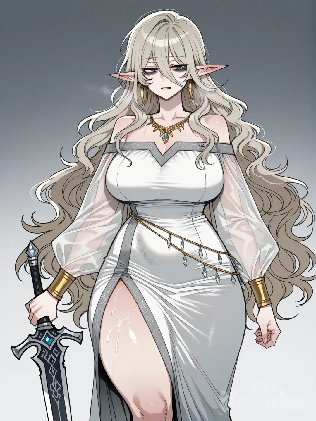 ((ratatatat74)), mulher madura asiática de corpo muito voluptuoso, ela tem cabelos ondulados e volumosos de cor bege com uma franja muito longa, ela tem uma expressão facial fria, os olhos dela são cinza escuro, ela tem leves olheiras e uma expressão fácial fria, ela tem orelhas pontudas semelhantes a de um elfa com brincos de argolas douradas. ela também tem argolas douradas nos pulsos, e ela usa um colar de ouro, Ela veste um vestido branco e folgado com recortes nos ombros. As mangas são longas, soltas e translúcidas, feitas de tecido leve. A saia é ampla e fluida, com camadas suaves, e também possui detalhes cinzas que a adornam, ela também segura uma espada angélical pontuda.