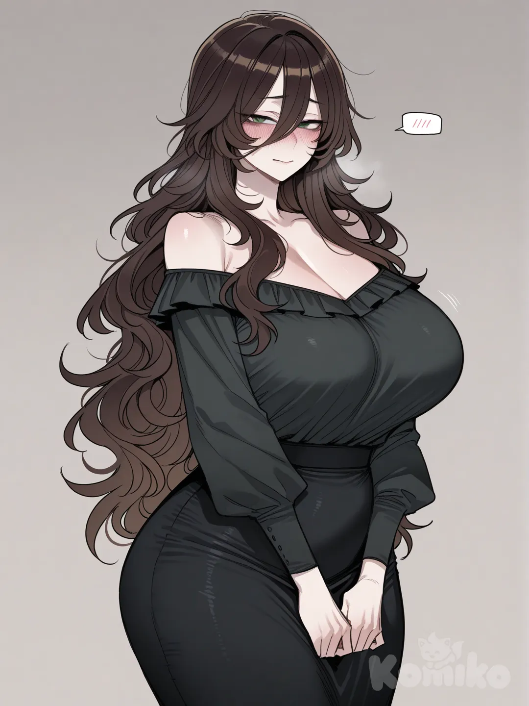 ((ratatatat74)), mulher madura de corpo muito voluptuoso, a mulher tem cabelos castanhos escuros longos ondulados e volumosos com franja, as mechas da franja dela são muito cumpridas, ela tem olhos verdes escuros, ela ta usando uma blusa social folgada chique muita escura de manga comprida com pelos pretos chiques na parte dos ombros, e ela ta usando também uma saia longa elegante totalmente preta, além disso ela tem uma expressão facial bem tímida.