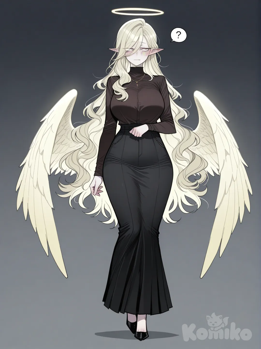 ((ratatatat74)), uma mulher madura palida de corpo muito voluptuoso, a mulher tem cabelos loiros muito claros longos ondulados e volumosos com franja, a franja dela tem mechas muito cumpridas, ela tem olhos completamente brancos, ela ta usando uma blusa social folgada chique muito escuro de manga cumprida, a blusa muito escura dela é social, e ela ta usando também uma saia longa elegante totalmente preta, ela também tem aoreola angélical amarela feita de luz, ela também tem orelhas pontudas, e ela tem asas amarelas claras angelicais, e ela tem uma expressão facial muito tímida.