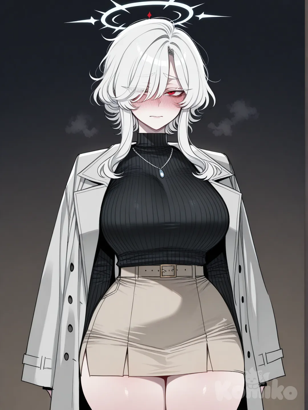 ((ratatatat74)), mulher madura de corpo voluptuoso, ela tem cabelos curtos cacheados, volumosos branco com franja cimetrica que cobre o olho esquerdo, ele tem mechas laterais onduladas que emolduram o rosto, e embaixo dela tem outras mechas laterais onduladas mais longas que caem perto da parte superior do tórax, ela tem olhos vermelhos e ela tem sobrancelhas brancas, ela tem uma pequena aoreola angélical vermelha em cima da cabeça feita de luz, ela veste um suéter preto e um casaco chique cinza, ela também veste um saia bege curta chique, ela também tem um colar de prata cinza no pescoço, e ela tem uma expressão facial muito tímida.