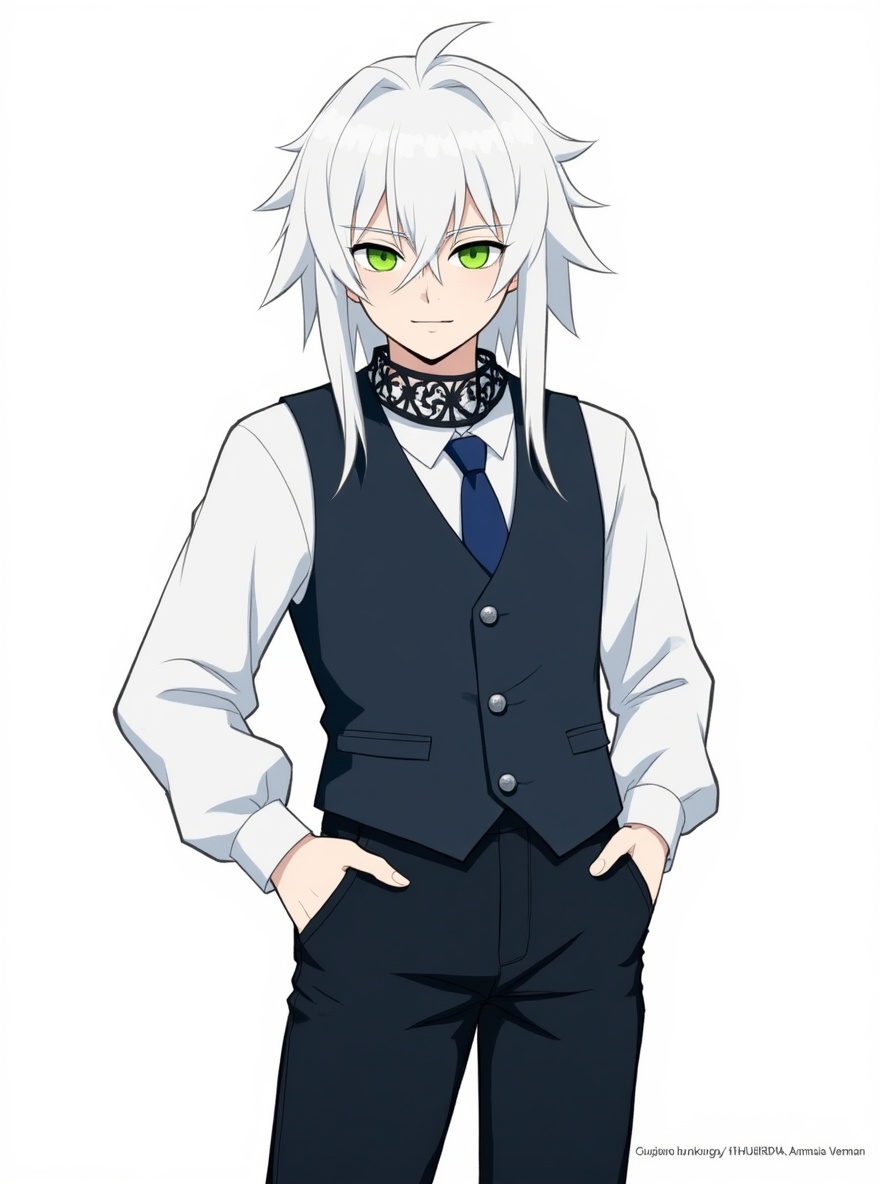 1boy, long white hair, green eyes, scar, pale skin, vest, wide-leg pants, school uniform, lace choker, tie, demon slayer style, teenager, tall, original character, single character, full body, looking at viewer, anime style, simple background, white background