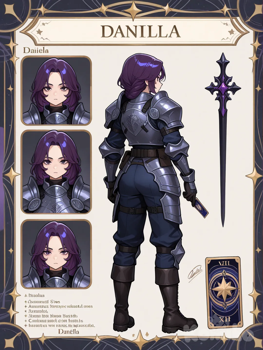 Une fille Au cheveu violette utilise des cartes de tarot avec vêtements de combat en caractère sheet et écrit Daniella en gros caractère