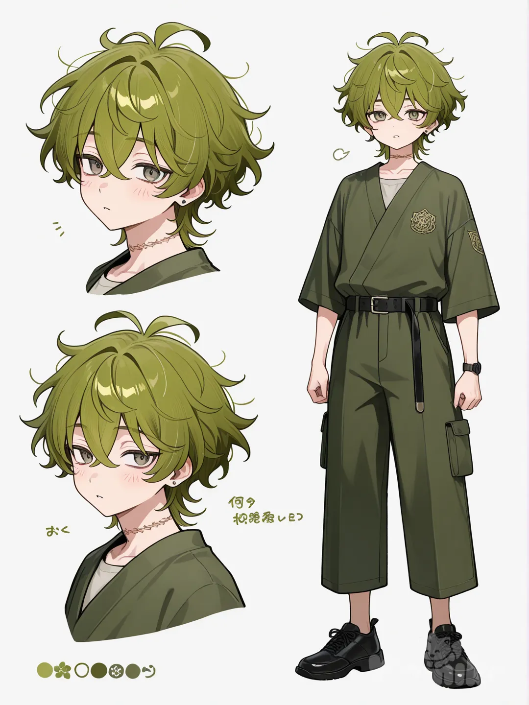 Un garçon Au cheveu vert ebriffé en caractère sheet devant derrière