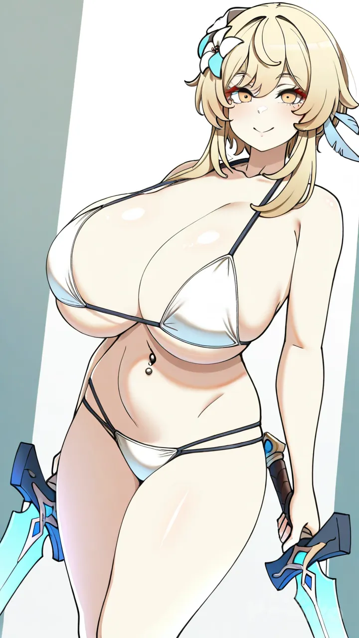 konoshige (ryuun), genderswap (mtf), navel piercing, huge breasts, micro bikini, multi-strapped bikini bottom, white bikini, Lumine (Genshin Impact), smile, holding sword