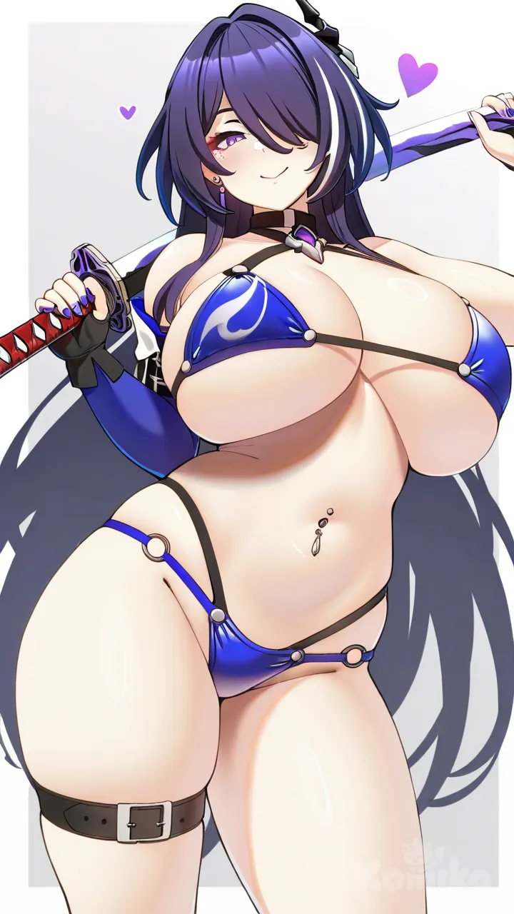 konoshige (ryuun), huge breasts, navel piercing, micro bikini, multi-strapped bikini bottom, bikini armor, smile, holding katana, long hair, Acheron (Honkai:Star Rail)