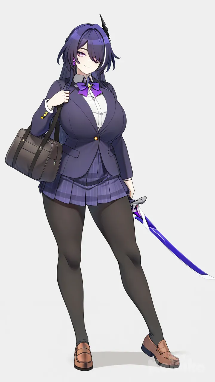 konoshige (ryuun), huge breasts, school uniform, dark purple blazer, pleated skirt, purple eyes, purple hair, shoulder bag, full body, simple background, smile, carrying sword, Acheron (Honkai:Star Rail)