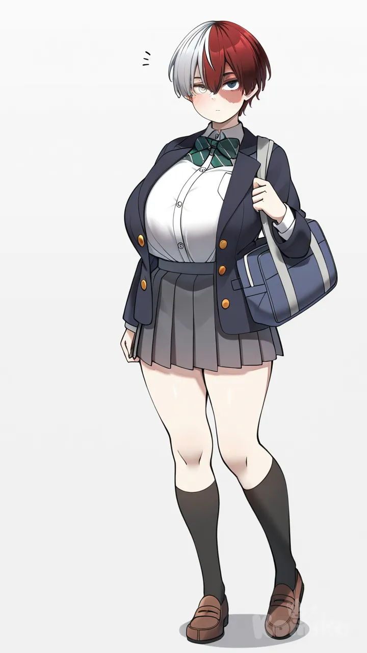 konoshige (ryuun), genderswap (mtf), huge breasts, long hair, white hair, red hair, heterochromia, right grey eye, left blue eye, expressionless, blush, school uniform, blazer, pleated skirt, shoulder bag, Todoroki Shouto, full body, simple background, burn scar