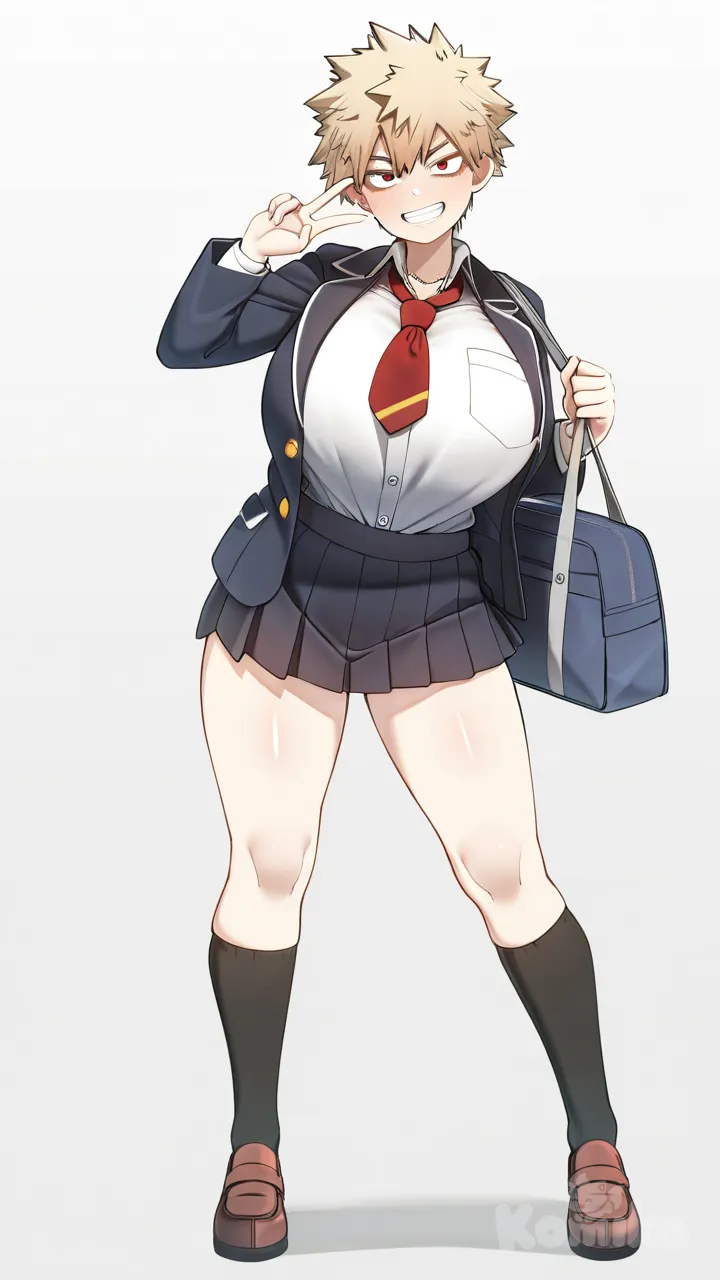 konoshige (ryuun), genderswap (mtf), huge breasts, blush, school uniform, blazer, pleated skirt, shoulder bag, full body, simple background, short hair, blonde hair, red eyes, grin, Bakugou Katsuki