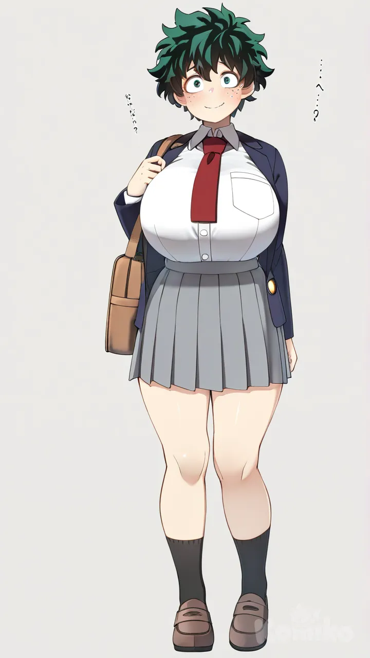 konoshige (ryuun), genderswap (mtf), huge breasts, blush, school uniform, blazer, pleated skirt, shoulder bag, full body, simple background, short hair, green eyes, green hair, freckles, nervous smile, Midoriya Izuku
