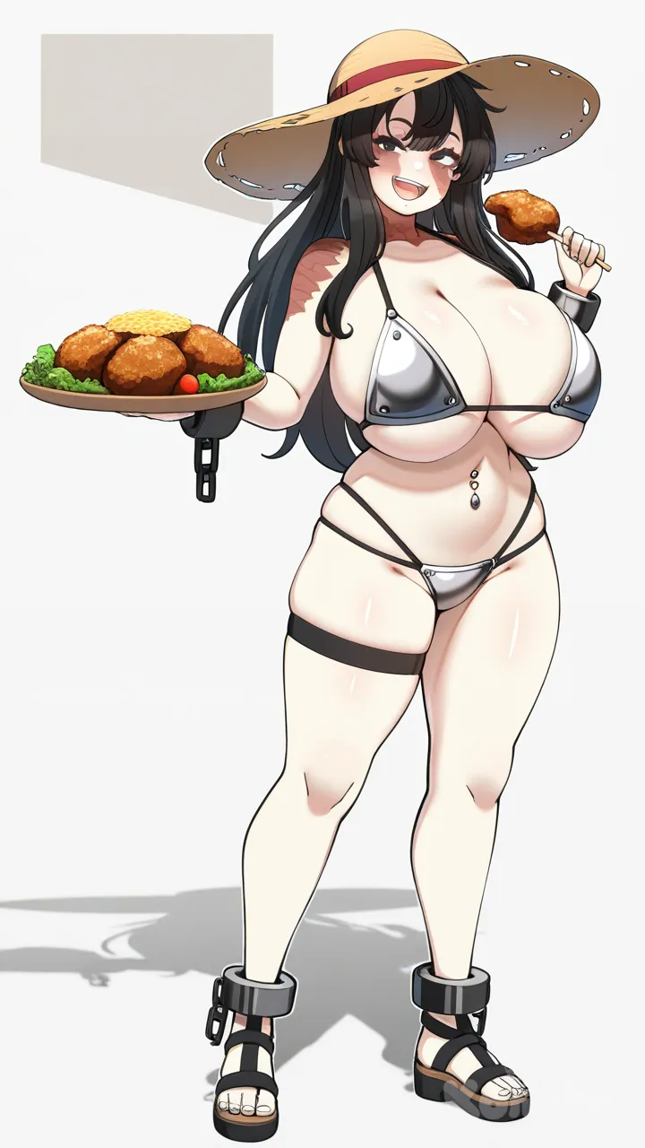 konoshige (ryuun), huge breasts, full body, navel piercing, micro bikini, multi-strapped bikini bottom, bikini armor, thigh strap, shackles, burn scar, genderswap (mtf), straw hat, long hair, black hair, black eyes, laughing, holding food, chicken (food), Monkey D. Luffy
