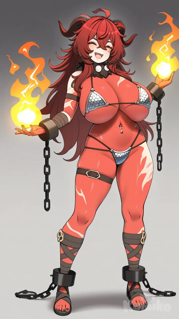 konoshige (ryuun), huge breasts, full body, navel piercing, micro bikini, multi-strapped bikini bottom, bikini armor, thigh strap, shackles, burn scar, Hilichurl (Genshin Impact), horns, genderswap (mtf), long hair, messy hair, red skin, red hair, laughing, flames, magic