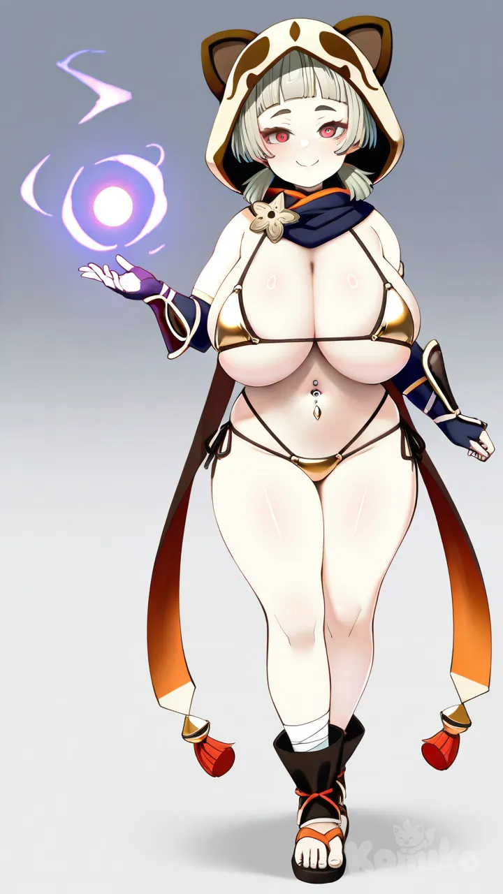 konoshige (ryuun), huge breasts, full body, micro bikini, bikini armor, navel piercing, simple background, magic, green wind currents, smile, multi-strapped bikini bottom, short hair, Sayu (Genshin Impact), red eyes