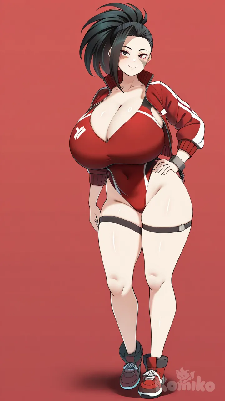 konoshige (ryuun), open jacket, smile, full body, shackles, thigh straps, burn scar, black hair, high ponytail, red eyes, red jacket, red background, seductive smile, gigantic breasts, Yaoyorozu Momo, red leotard