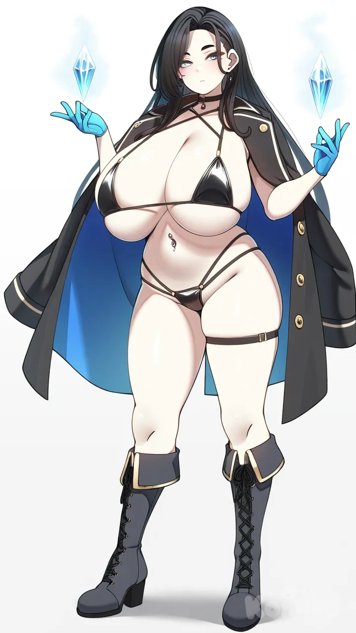 konoshige (ryuun), huge breasts, micro bikini, multi-strapped bikini bottom, jacket on shoulders, long hair, black hair, blue eyes, expressionless, magic, navel piercing, thigh strap, ice, full body, mature female, simple background