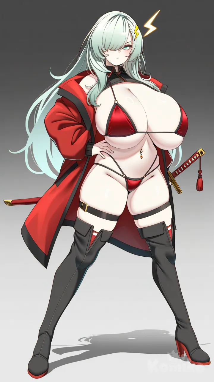 konoshige (ryuun), huge breasts, navel piercing, micro bikini, multi-strapped bikini bottom, thigh strap, long hair, full body, simple background, thigh boots, dark red bikini, red coat, serious, bright green hair, right one eye covered by hair, holding slim sword, two lightning bolt on top hair