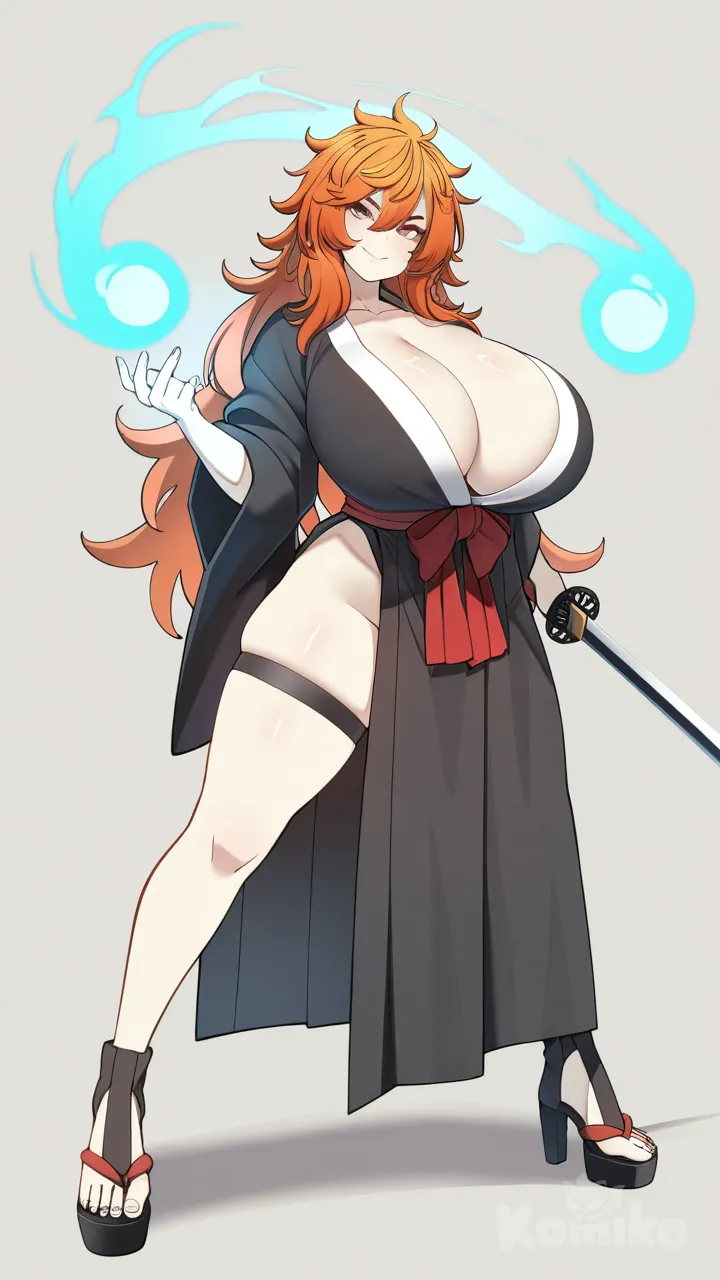 konoshige (ryuun), simple background, full body, black kimono, loincloth, thigh strap, high heel sandals, smile, orange hair, long hair, messy hair, brown eyes, holding sword, fighting stance, blue energy, genderswap (mtf), huge breasts, kurosaki ichigo