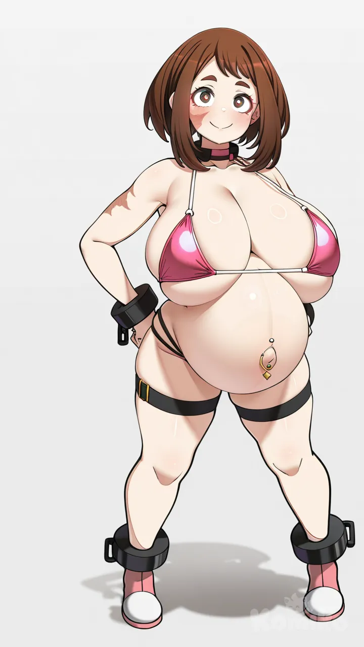 konoshige (ryuun), simple background, full body, gigantic breasts, pregnant, micro bikini, multi-strapped bikini bottom, bikini armor, navel piercing, burn scar, shackles, smile, thigh strap, Uraraka Ochako, pink bikini