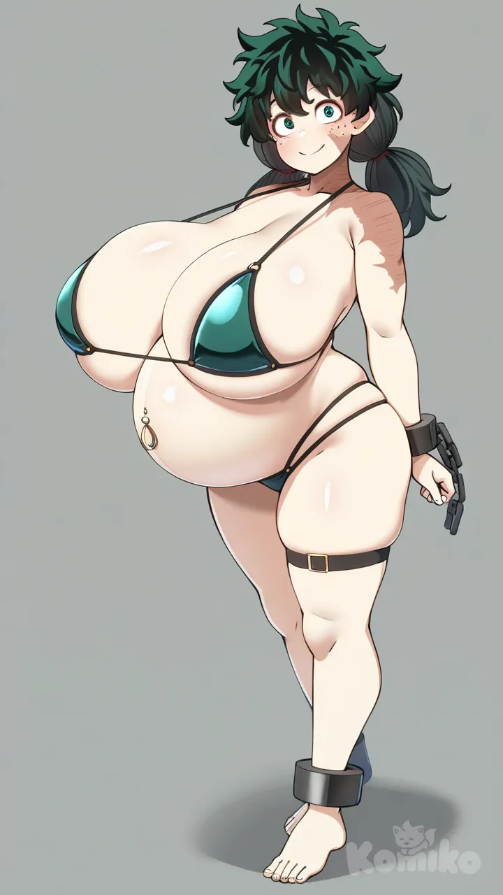 konoshige (ryuun), simple background, full body, gigantic breasts, pregnant, micro bikini, multi-strapped bikini bottom, bikini armor, navel piercing, burn scar, shackles, smile, thigh strap, Midoriya Izuku, low twintails, long hair