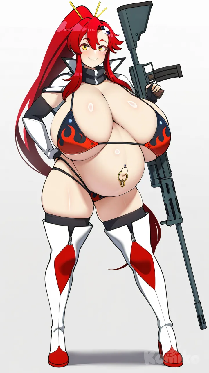 konoshige (ryuun), simple background, full body, gigantic breasts, pregnant, micro bikini, multi-strapped bikini bottom, bikini armor, navel piercing, thigh strap, burn scar, thigh boots, smile, yoko littner, holding gun