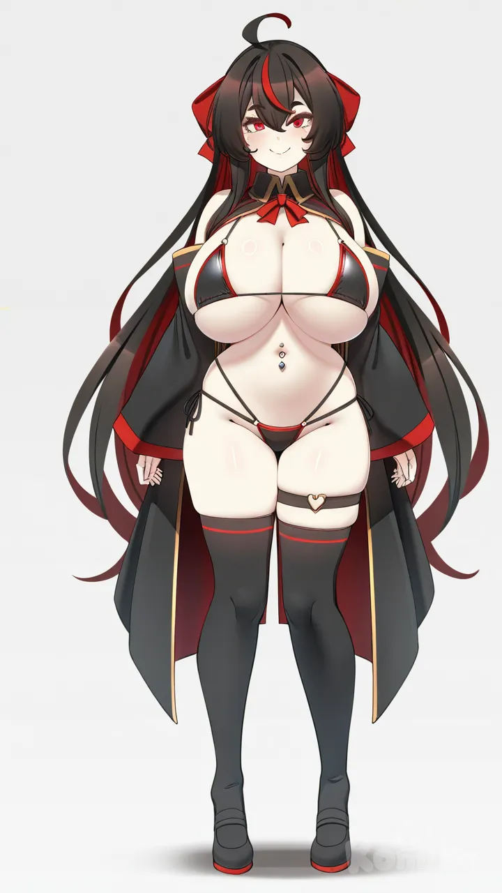 konoshige (ryuun), huge breasts, simple background, full body, micro bikini, multi-strapped bikini bottom, navel piercing, thigh strap, smile, long hair, red eyes, multicolored hair, youtube, personification