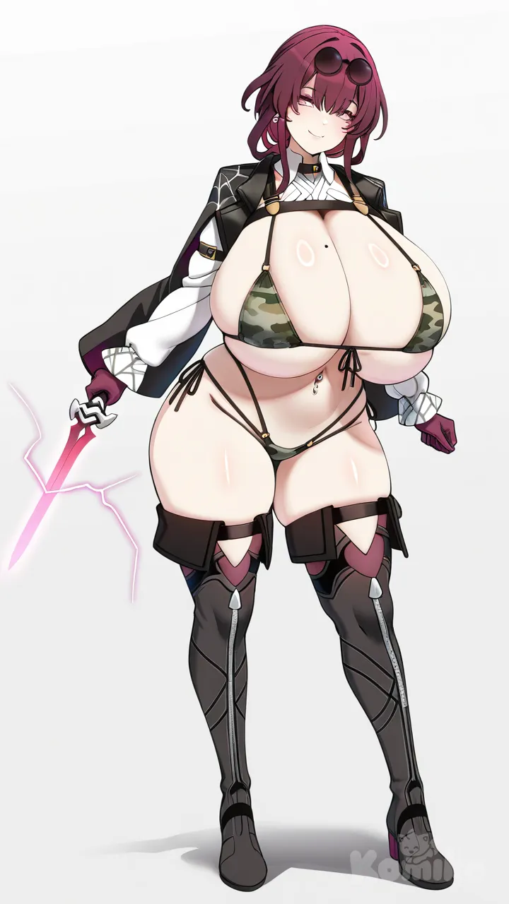 konoshige (ryuun), simple background, full body, thigh boots, micro bikini, multi-strapped bikini bottom, camouflage, goggles on head, navel piercing, gigantic breasts, wide hips, seductive smile, purple eyes, purple hair, holding electric dagger, @Kafka_(Honkai:Star_Rail)