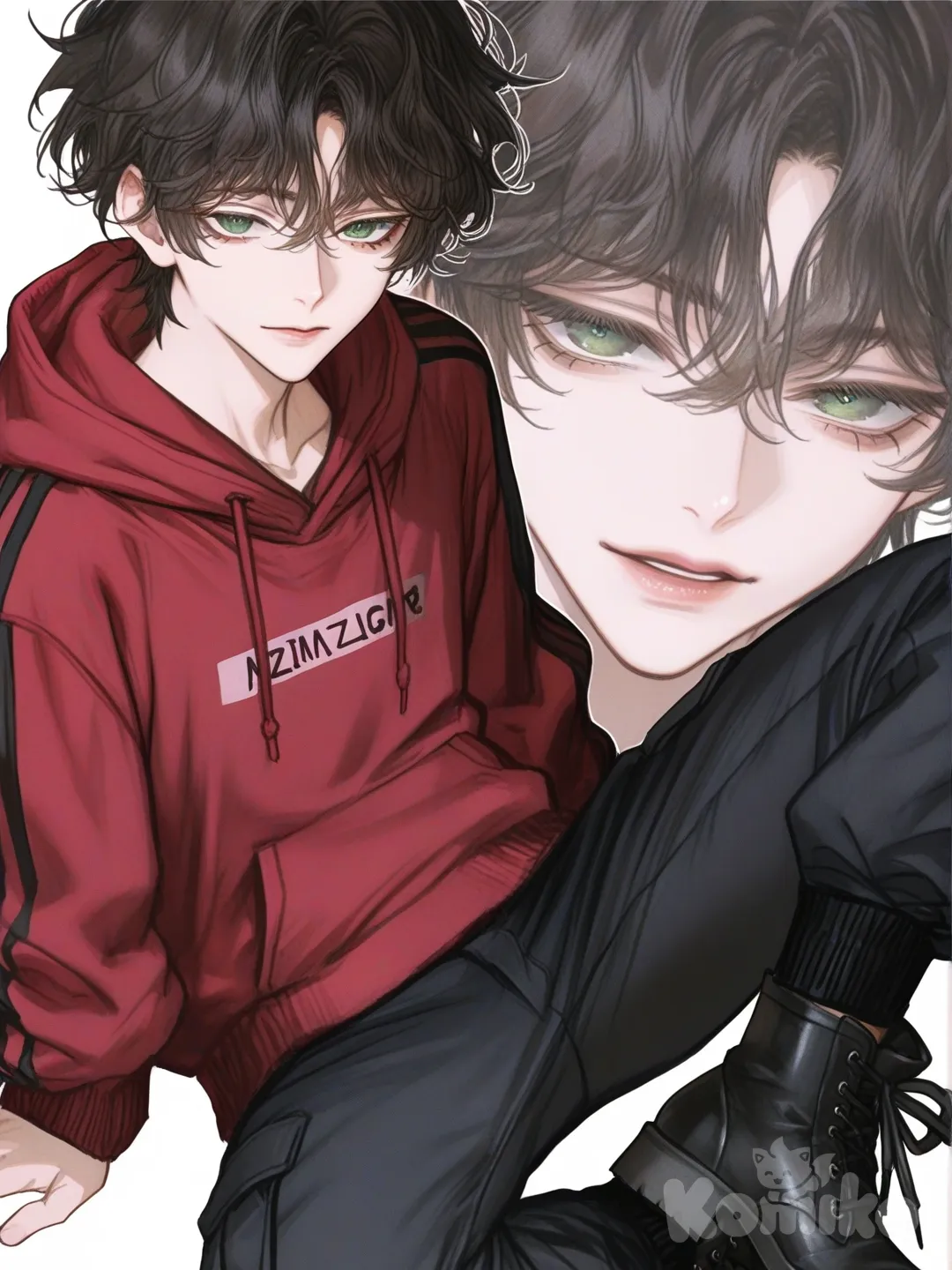 [semi-realistic-portrait-style] 1boy, black_hair, short_hair, wavy_hair, green_eyes, red_hoodie, open_hoodie, black_cargo_pants, black_military_boots, looking_at_viewer, pastel_colors, single_character, full_body, anime_style, simple_background, white_background