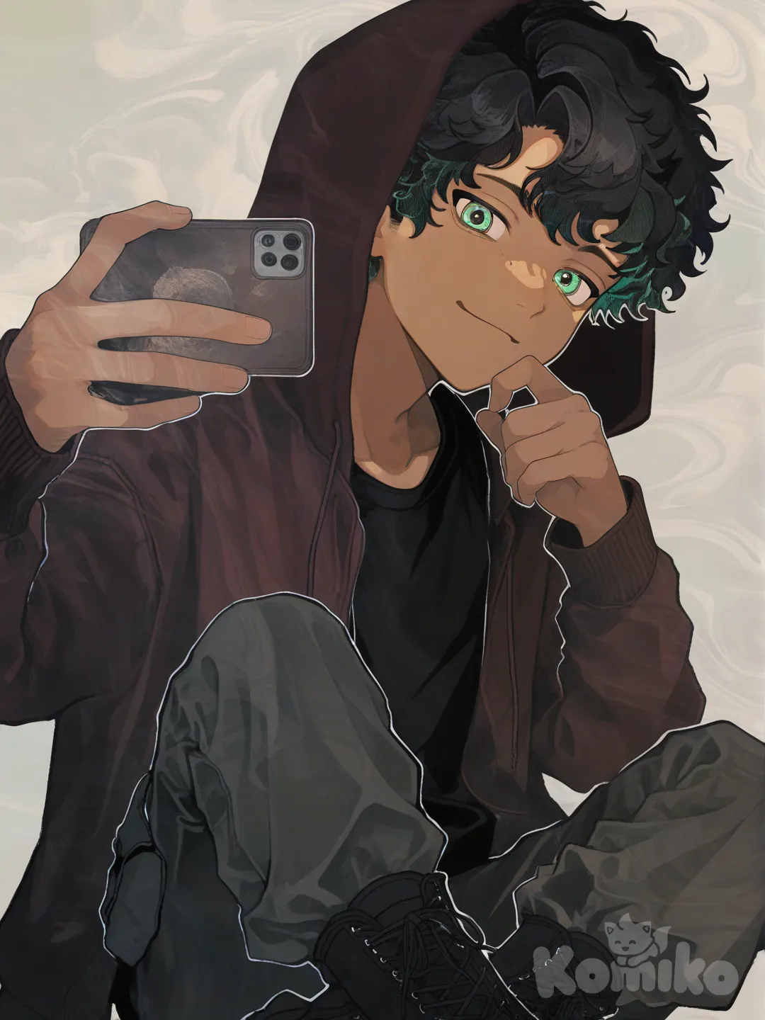 1boy, selfie, smirk , Black shirt, burgundy hoodie with open hood, plain clothes, black cargo pants, black military boots, short black hair, straight and wavy, portrait, looking at viewer, clean background, green eyes, brown skin, kawaii, [watercolor-illustration-style]