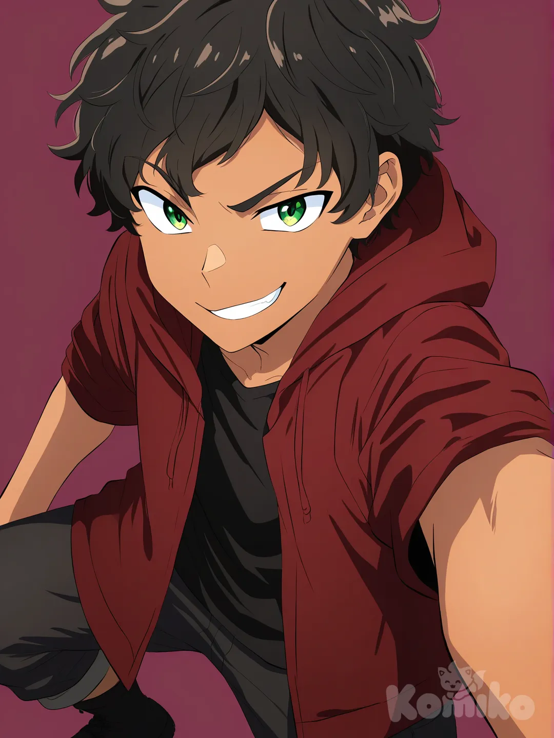 1boy, selfie, smirk , Black shirt, burgundy hoodie with open hood, plain clothes, black cargo pants, black military boots, short black hair, straight and wavy, portrait, looking at viewer, clean background, green eyes, brown skin, kawaii, [bright-anime-style]