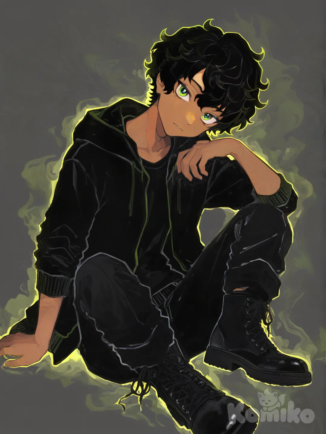 1boy, Black shirt, plain clothes, black cargo pants, black military boots, short black hair, straight and wavy, portrait, looking at viewer, clean background, green eyes, brown skin, kawaii, [watercolor-illustration-style], man, head tilt, expressionless, hoodie color rad_burgundy open sweatshirt