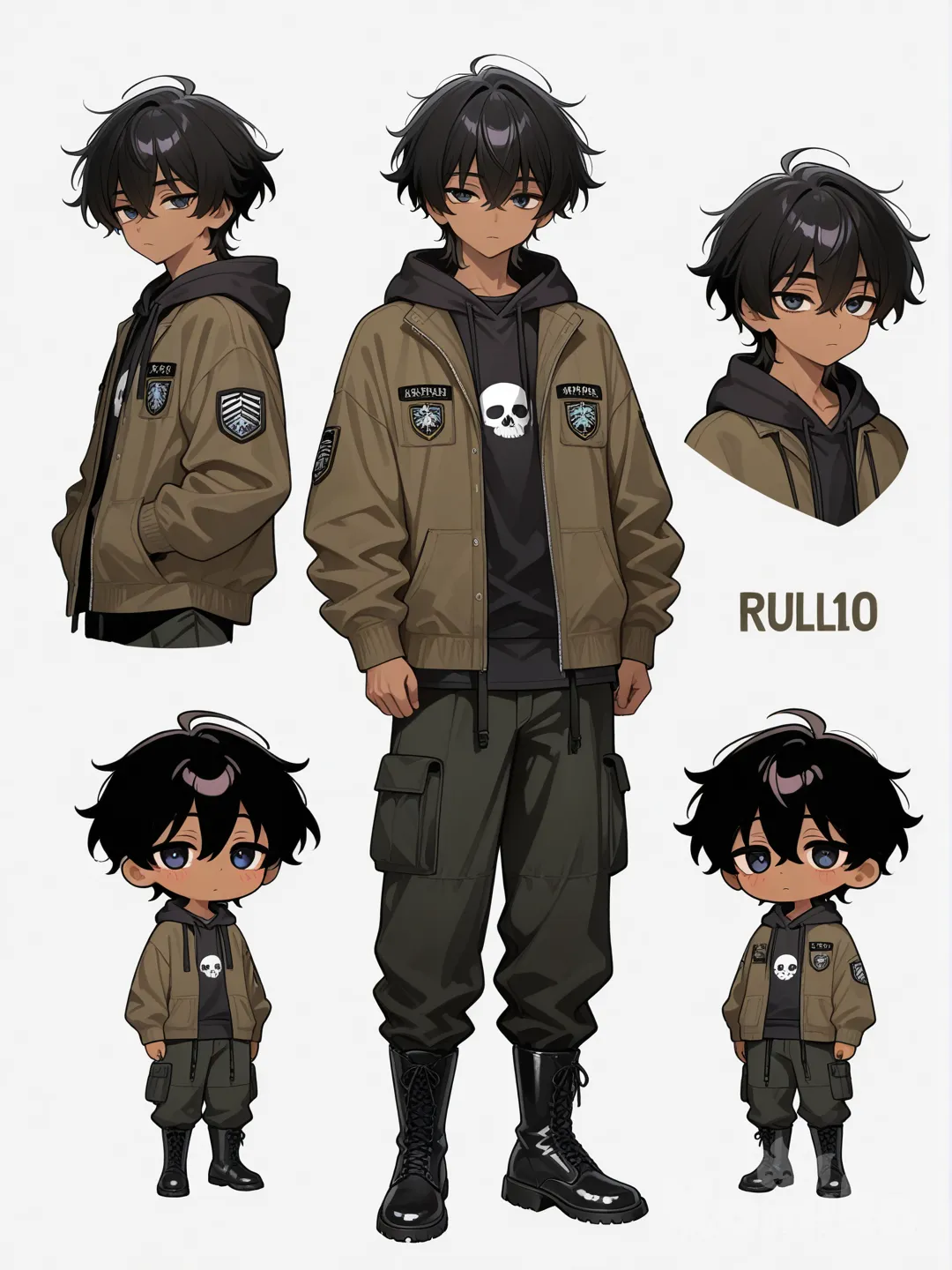 1 boy, black shirt, borgonha hoodie with open hood, black cargo pants, black military boots, straight and wavy black hair, full body, looking at the viewer, expressionless, white background, Kentucky eyes, tan skin, kawaii, [glossy-anime-style]