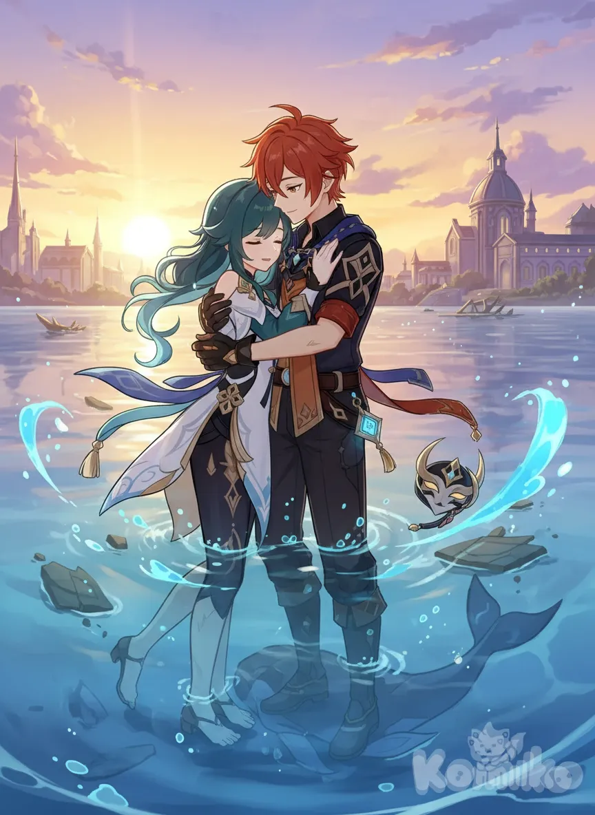 <lyra-valerius-GNZT>, Tartaglia (Genshin Impact) in a vibrant Genshin Impact style, embracing a moment of relief after the fierce battle against the whale in Fontaine, showcasing the aftermath of their intense fight and the bond formed in the heat of battle.