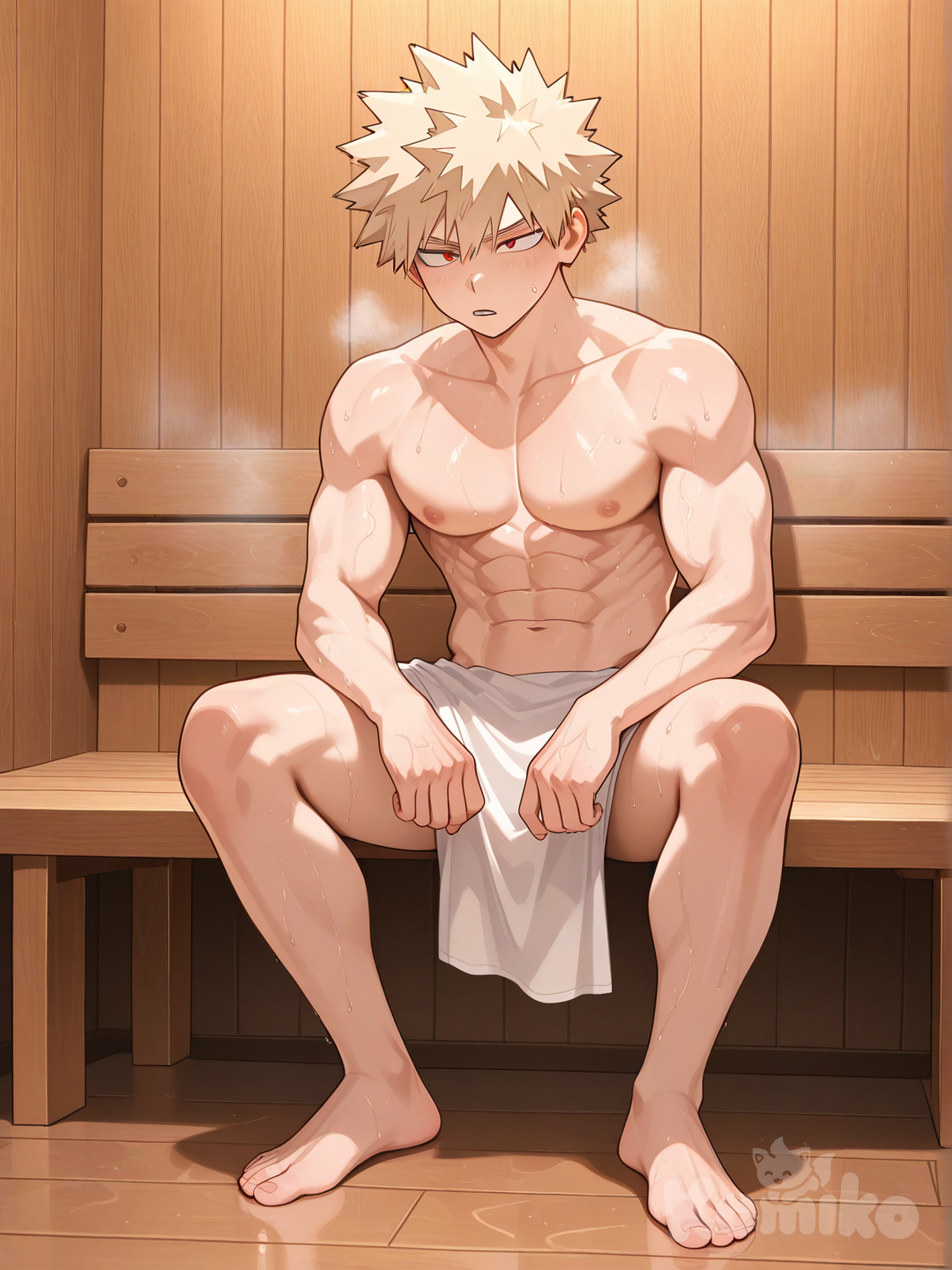 Bakugou sitting on sauna