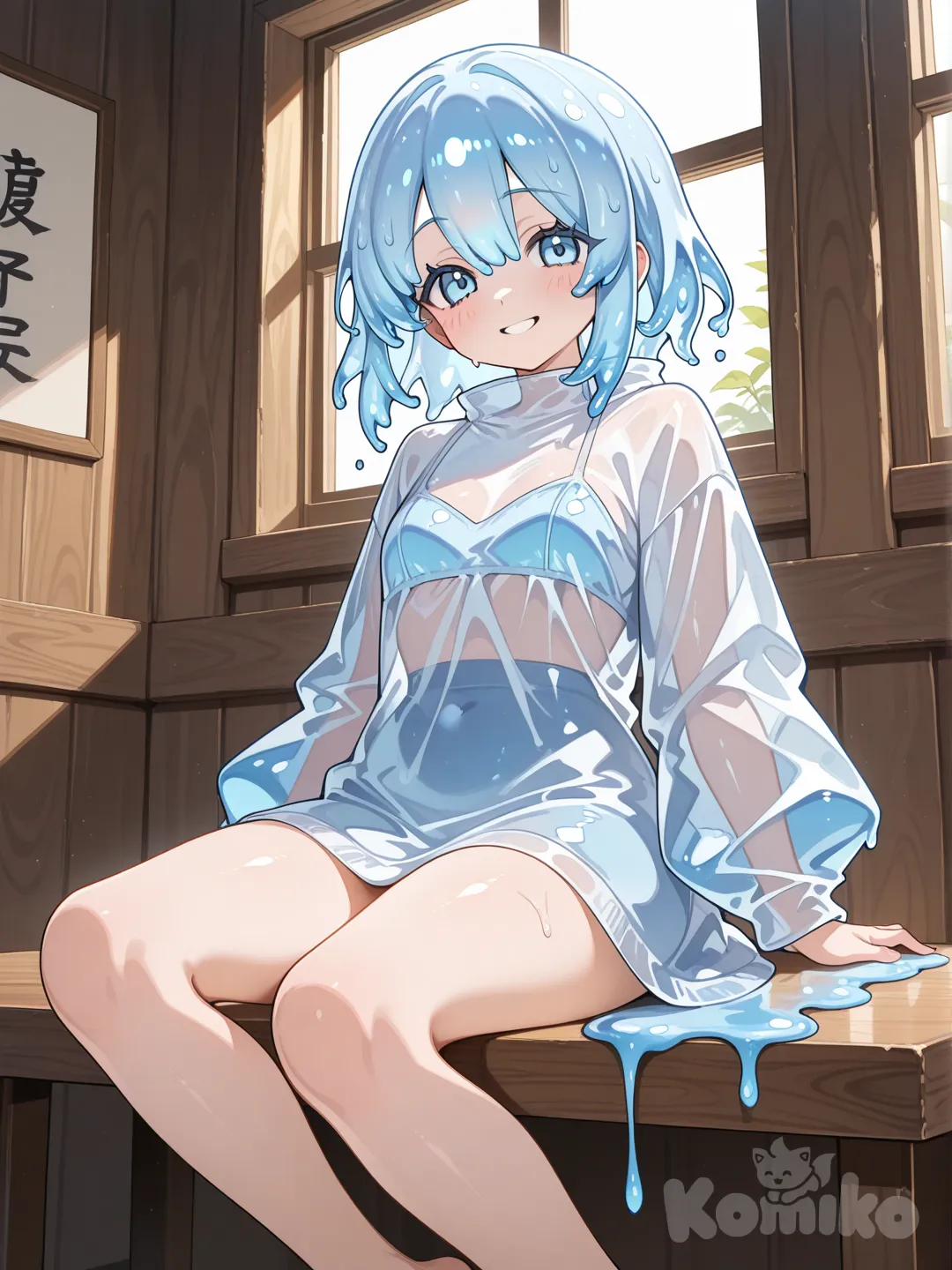 The scene is a wooden table and wooden walls and a window visible behind a see-through feminine slime creature. Extremely transparent light blue clear slime creature, slime girl, see through, vaguely female shaped clear body with no specific or inappropriate details, transparent clear female face, smiling, opaque light blue anime eyes, transparent clear slime girl hair with background visible through it, no clothes, sitting on table with clear legs off the side of it, restaurant, wooden wall with a window behind her, light shining through her transparent character. The background details such as the table, walls, and window should be clearly visible through her very transparent and very clear body, very transparent and very clear legs, very transparent and very clear hair, and very transparent and very clear head. MAKE SURE YOU CAN SEE THROUGH HER