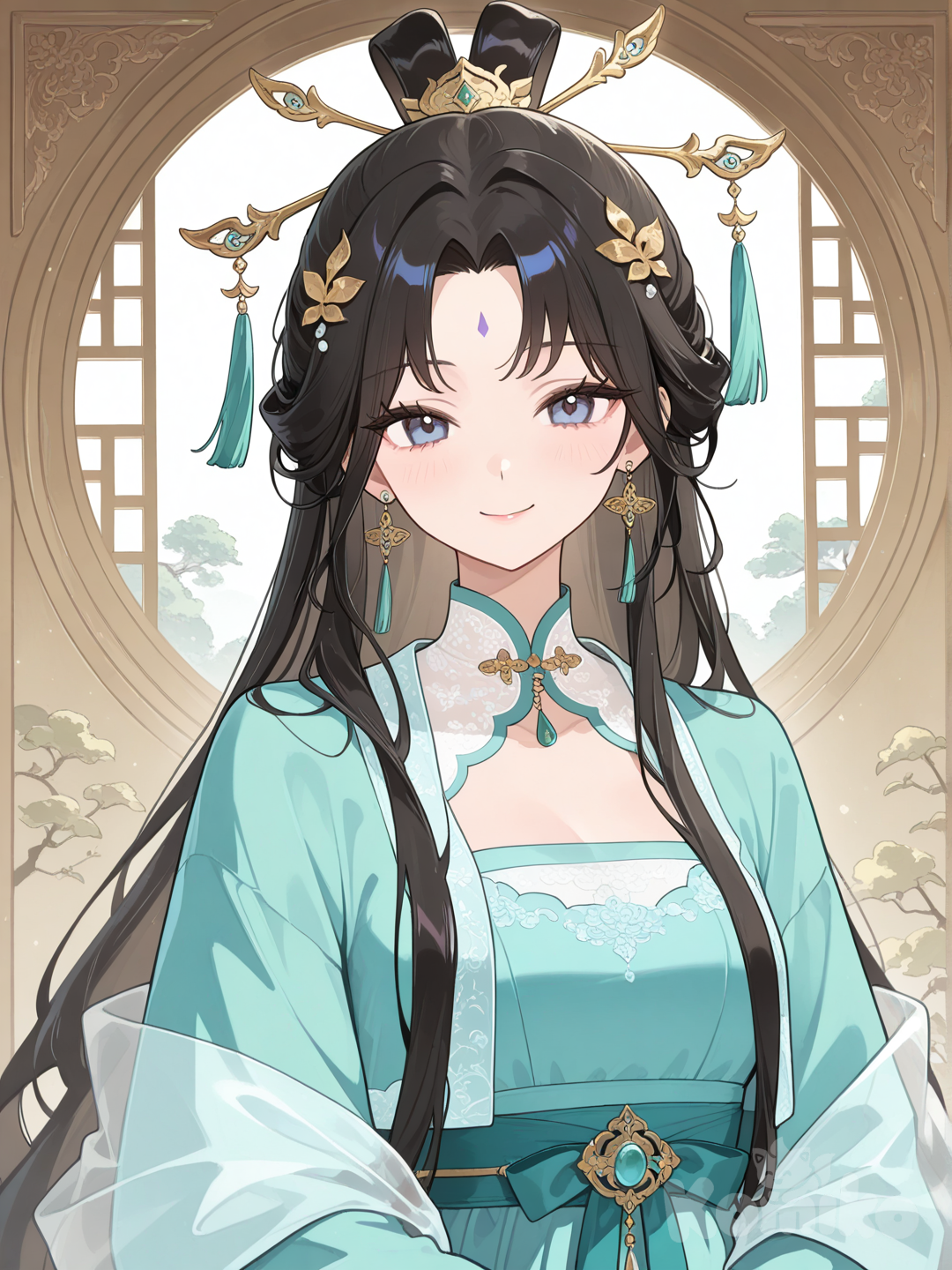 shawl, jewelry, hair_ornament, hanfu, solo, earrings, 1girl, facial_mark, black_hair, smile, chinese_clothes, forehead_mark