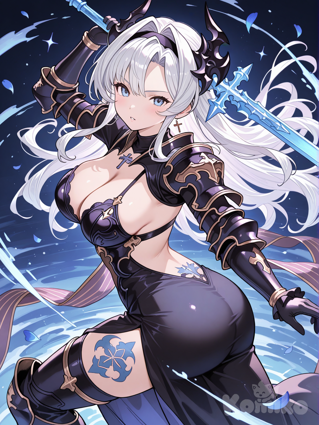 dress, breasts, looking_at_viewer, petals, tattoo, holding_sword, backless_dress, blue_eyes, holding, long_hair, cross, holding_weapon, backless_outfit, hair_between_eyes, parted_lips, solo, sword, 1girl, ass, white_hair, black_dress, weapon, armor, @Zeta_(Granblue_Fantasy)