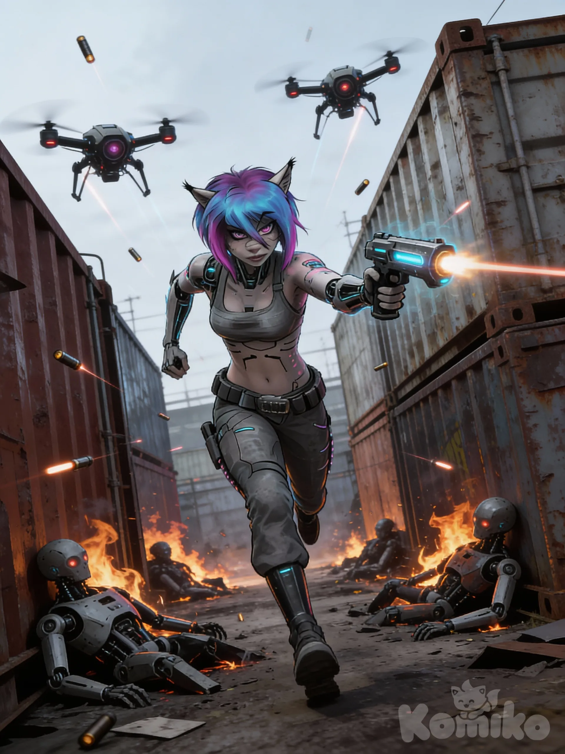 Имя: Элара Восс
Пол: женский
Возраст: 34
Профессия: Кибер-оперативник-фрилансер.
Характер: Нахальный, находчивый, крайне независимый.
Интересы: Неоновые граффити, синтезаторная музыка, биохакинг. 
Сцена: Бежит между контейнеров с горящими останками андроидов, рядом парит пара дронов, контейнеры пробивают пули преследователей