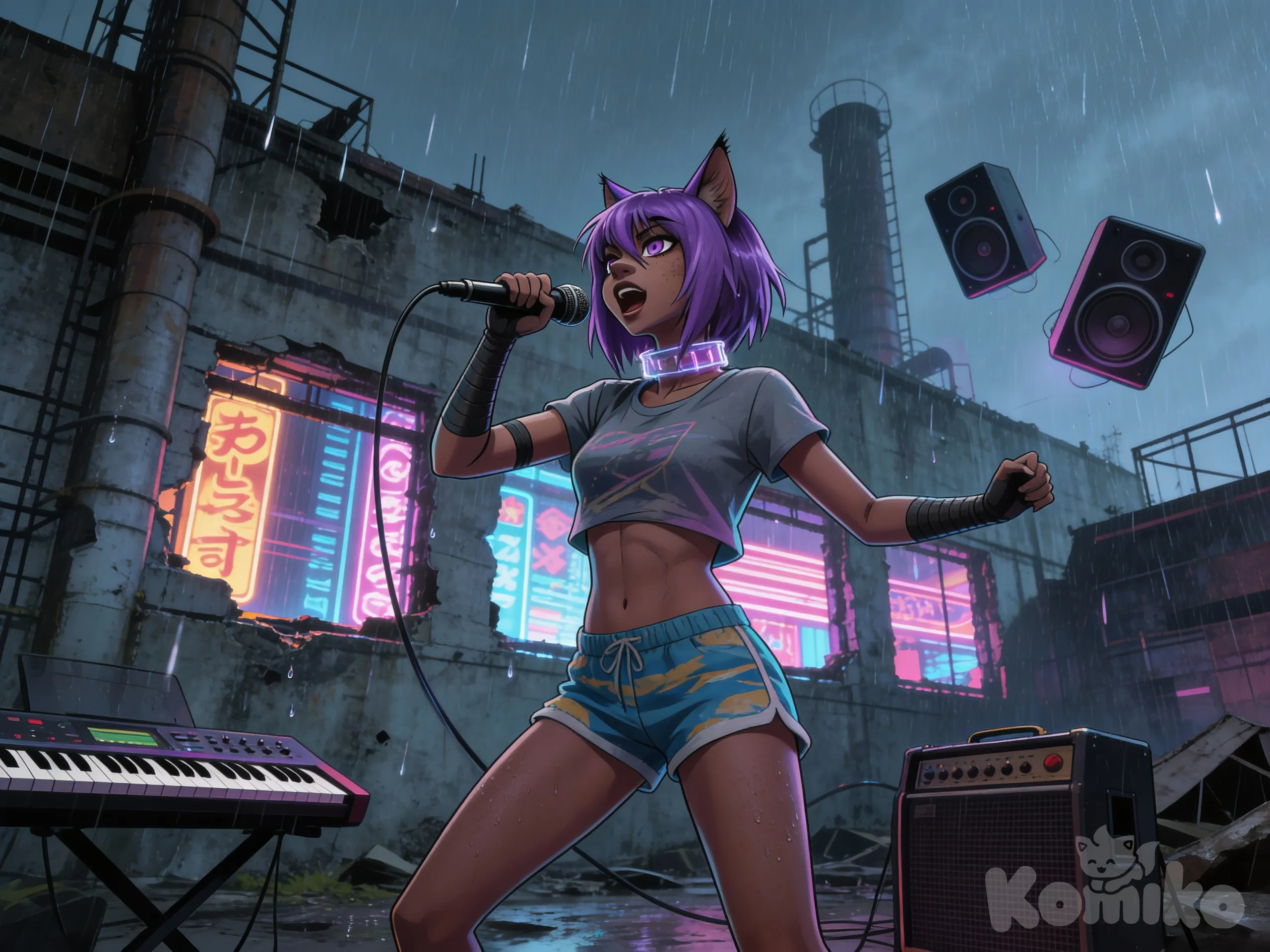 @elara-voss-0RuF, singing, t-shirt, beach shorts, plastic, choker, full body, looking at viewer, neon lights, ruins, Элара танцует и поёт с микрофоном на фоне руин заброшенного завода. В провалы стен проникает неоновый свет вывесок Нео-Киото, на заднем плане стоит синтезатор, усилитель и пара летающих колонок, капли дождя мерцают в неоновом свете