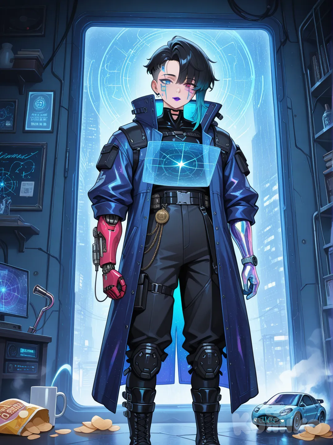 A hyper-cinematic 16K render of a gender-fluid cyberpunk archivist with bioluminescent teal and magenta cybernetic implants weaving through their jet-black asymmetrical undercut—one side shaved to reveal glowing neural interface ports, the other cascading into wavy lengths streaked with electric blue highlights—their face adorned with delicate silver circuit-patterned face paint that glows softly in dim light, heterochromatic eyes (one emerald green with a holographic pupil, one matte black with a glowing red data stream) focused intently on a holographic display hovering before them, high cheekbones dusted with iridescent glitter that shimmers like crushed obsidian, and lips painted a glossy deep purple. They wear a tailored midnight-blue synth-leather coat with可拆卸 (removable) neon-pink shoulder pauldrons etched with ancient digital runes, the fabric lined with programmable LED strips that cycle through hues of cyan and magenta, layered over a form-fitting carbon-fiber bodysuit embedded with micro-LEDs that mimic constellations, paired with high-waisted black cargo pants with multiple utility pouches stuffed with data chips, holographic storage disks, and a small laser cutter, tucked into thigh-high matte-black combat boots with retractable magnetic cleats and glowing teal toe caps. They stand in the heart of a neon-drenched underground archive hidden beneath a rain-soaked cyberpunk megacity at 3 AM, surrounded by towering shelves of vintage data cores, crumbling leather-bound books with glowing pages, and rusted server racks humming with residual energy—steam billows from cracked pipes overhead, casting hazy rainbows through the neon light, while holographic projections of forgotten histories (ancient star maps, cybernetic blueprints, handwritten letters) float through the air, intersecting with the archivist’s display. In one hand, they grip a weathered brass cane topped with a crystal that pulses with the same bioluminescent teal as their implants, the cane doubling as a data scanner that emits a faint green laser beam; in the other, they hold a cracked antique locket containing a holographic photo of a lost loved one, the image glitching softly. Their left arm is a fully cybernetic prosthetic with exposed wiring that glows magenta, fingers ending in retractable data probes, while their right wrist sports a vintage analog watch with a face made from a repurposed circuit board. The space is cluttered with personal mementos: a chipped ceramic mug filled with glowing blue synth-coffee, a stack of dog-eared cyberpunk novels, a small potted bioluminescent fern that sways gently in a draft, and a vintage radio playing static-laced jazz. Outside the archive’s reinforced glass windows, neon signs flash in languages both human and alien, hovercars zip through rain-slicked streets, and the distant roar of a hoverbike echoes through the alleyways—rain pours relentlessly, leaving glistening trails on the windows and reflecting the neon lights onto the archivist’s face. Every detail is rendered with microscopic precision: the texture of weathered synth-leather, the way rain droplets bead on their coat, the faint smudge of oil on their cheek, the intricate wiring of their cybernetic arm, the glow of data streams in their eye, the frayed edges of their bodysuit, the dust on ancient books, the rust on server racks, the holographic glitches in the projections, the steam’s condensation on pipes, the individual strands of hair catching neon light, and the soft reflection of the archive’s interior in their eyes. Cinematic lighting, dramatic neon contrasts, cool blue and magenta color palette, shallow depth of field, hyper-realistic skin texture with subtle cybernetic enhancements, photorealistic fabric folds that catch light and shadow, natural movement of hair in the draft, atmospheric haze from steam and rain, hyperdetailed background elements (down to the text on data chips and book spines), trending on ArtStation, Unreal Engine 5, Octane Render, ray tracing for reflections, photorealistic materials (metal, leather, fabric, glass), intricate cybernetic details, lifelike expression of quiet determination, immersive composition that draws the eye to the archivist’s face and the holographic display.