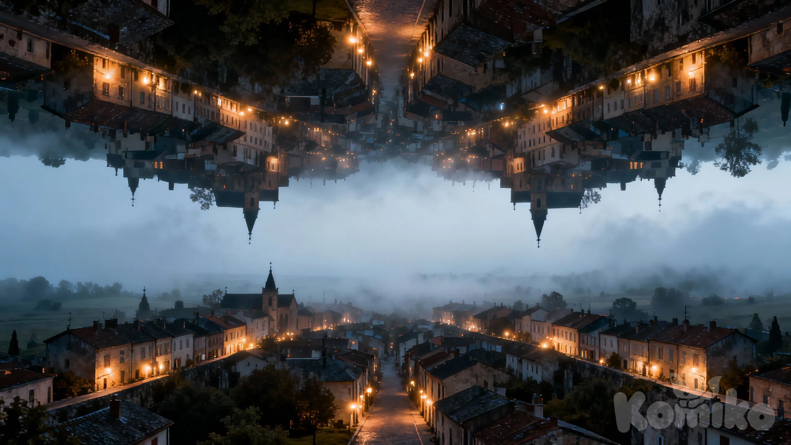 A surreal scene of an upside-down town suspended in the sky, with its buildings, streets, and lights inverted and hanging precariously, directly mirroring a normal right-side-up town on the ground below, the two facing each other across a misty divide, the sky not visible beyond the upside-down landscape.