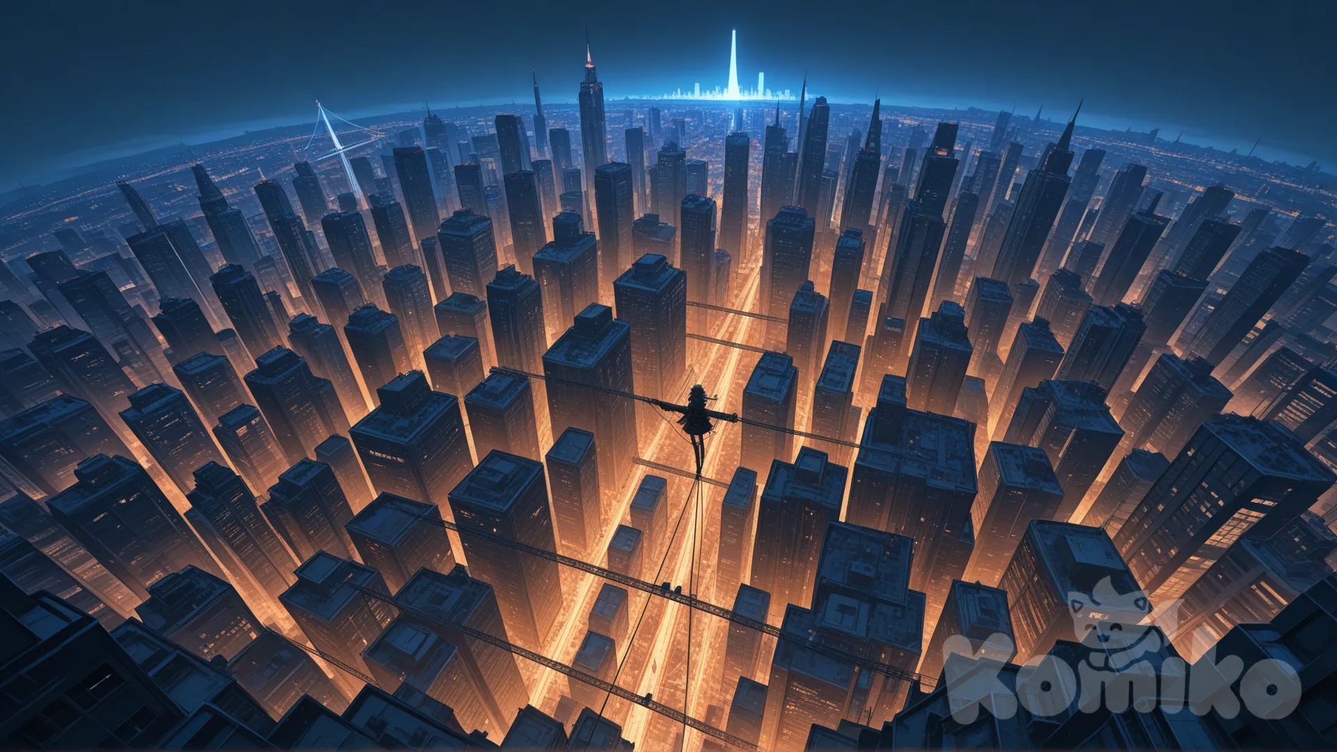 A fantasy landscape of normal downtown cityscape under a sky that's not a sky but another mirror of that downtownn cityscape but upside down with some bridges built between the opposite lands