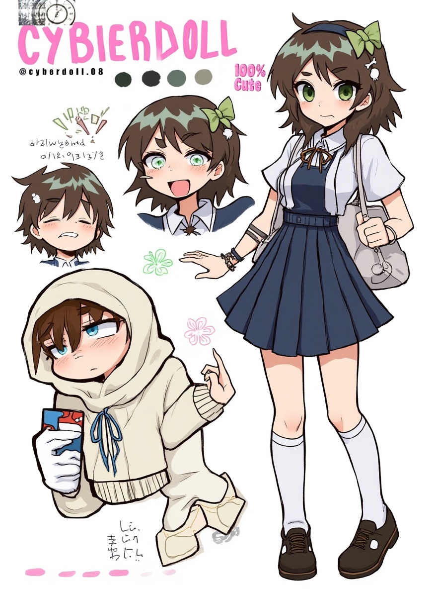 1girl, a6940f1d-a605-4816-9178-d6475c080f33, teenager, slim, wavy hair, mullet, twintails, brown eyes, fair skin, school uniform, pleated skirt, bracelet, knee-high socks, bow, hair accessory, single character, full body, looking at viewer, anime style, simple background, white background