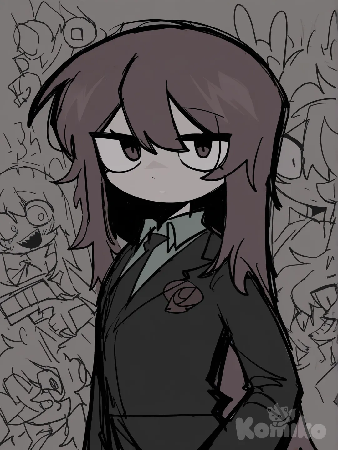 <minami-ou, expressionless, holding gun, looking at viewer, upper body, [pop-sketch-style]