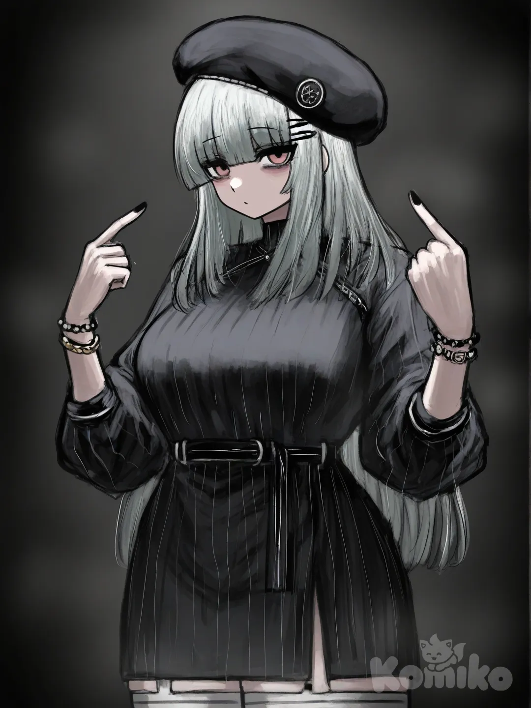 1girl, [sketchy-painterly-style], [faded-sketchy-lines-style], hair accessory, hairpin, beret, knee-high socks, bracelet, mullet, straight bangs, upper body