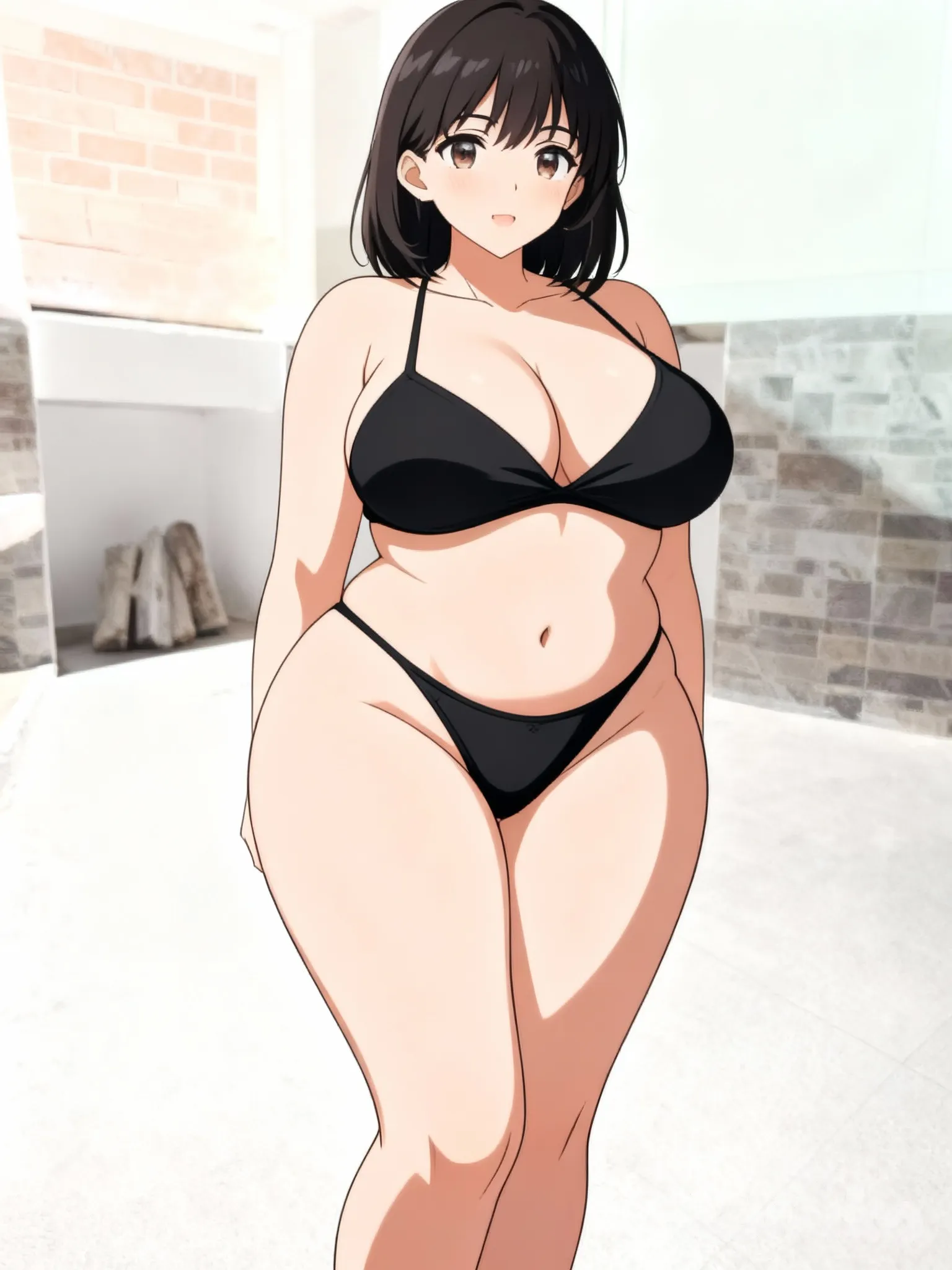 hazla en tanga negra de hilo, tetas muy grandes, caderas y piernas grandes